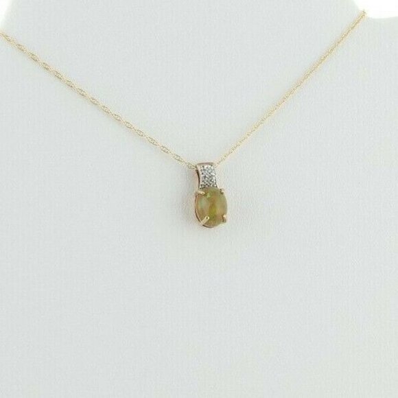 9k Yellow Gold Natural Ethiopian Opal & Diamond Necklace 10k Gold 18 inch chain - Picture 5 of 8